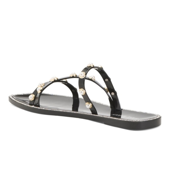 Steve Madden New Size 10 Black Pearl‎ Studded Square Toe Jelly Flat Sandals - Picture 2 of 6